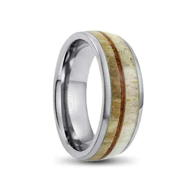 8mm Silver Tungsten Ring with Wood and Antler Inlays.